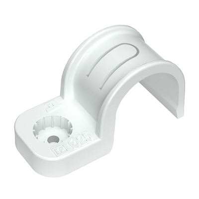 Крепеж-скоба пластиковая односторонняя для прямого монтажа атмосферостойкая белая в п/э d25 мм (50шт/450шт уп/кор) (PR13.0378)