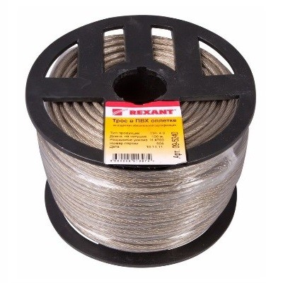 Трос стальной в ПВХ оплетке d=4,0 мм, прозрачный (бухта 100 м) (09-5240)